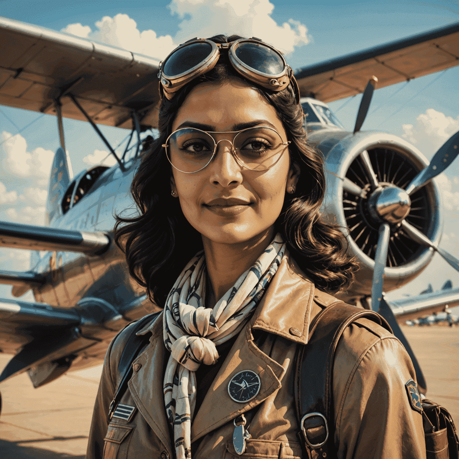 A vintage-style portrait of Amrita Patel, a woman in her 30s wearing a 1940s-inspired outfit with an aviator scarf and goggles pushed up on her forehead. She has a warm smile and is standing in front of a propeller plane.