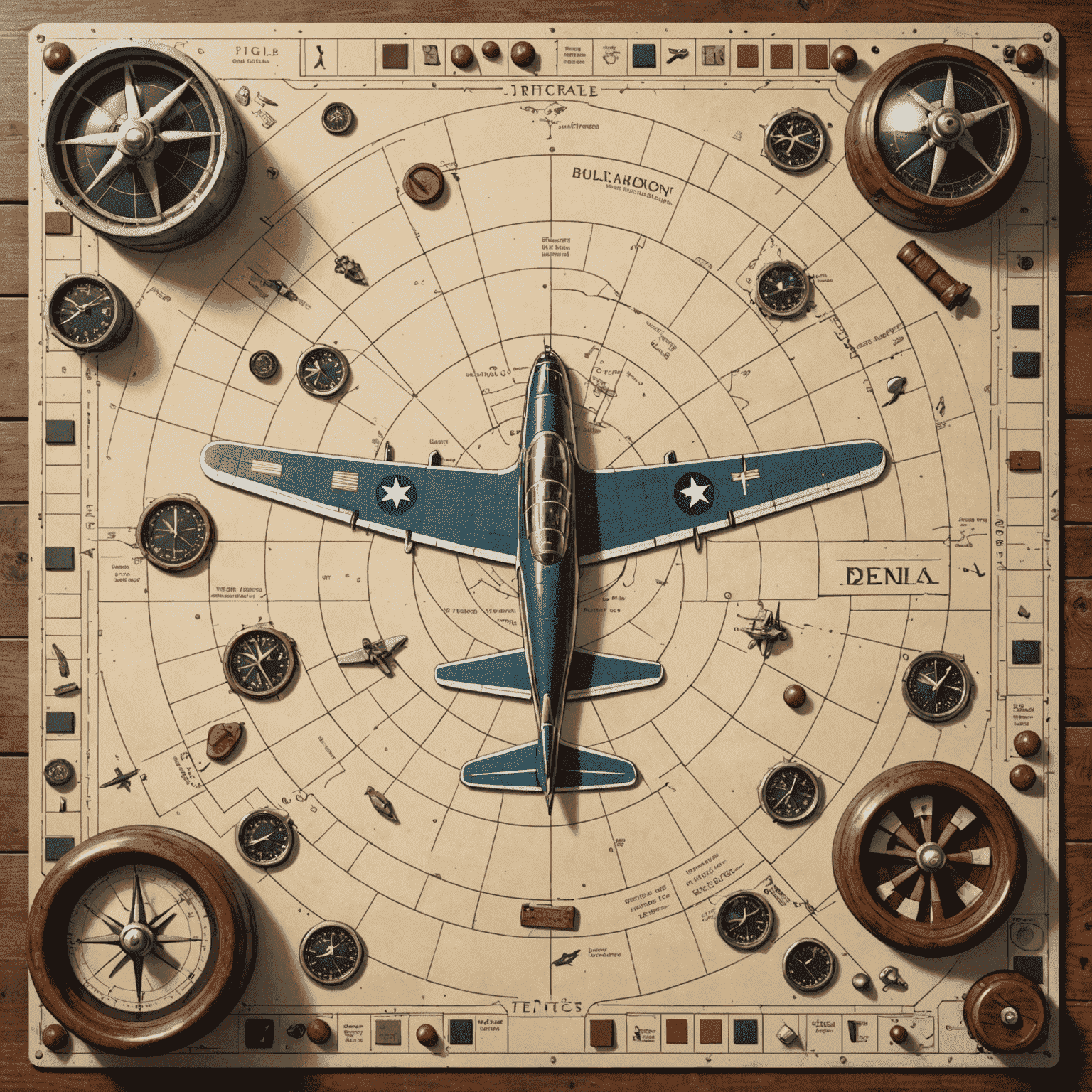 A vintage-style illustration of an Aviator game board with pieces scattered around, resembling a pilot's strategic flight plan