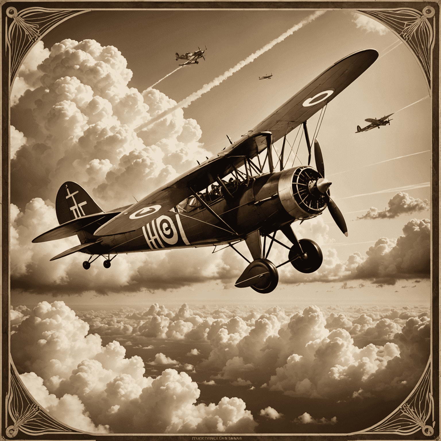 A vintage sepia-toned banner image featuring a 1930s propeller airplane soaring through clouds, with art deco style frame