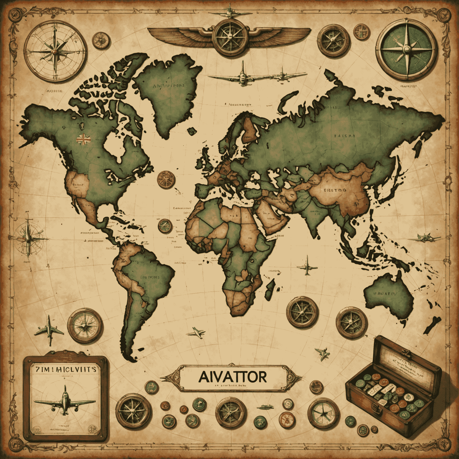 Vintage-style illustration of the Aviator board game setup, showing a game board with aircraft tokens, route cards, and player pieces arranged on an aged world map background