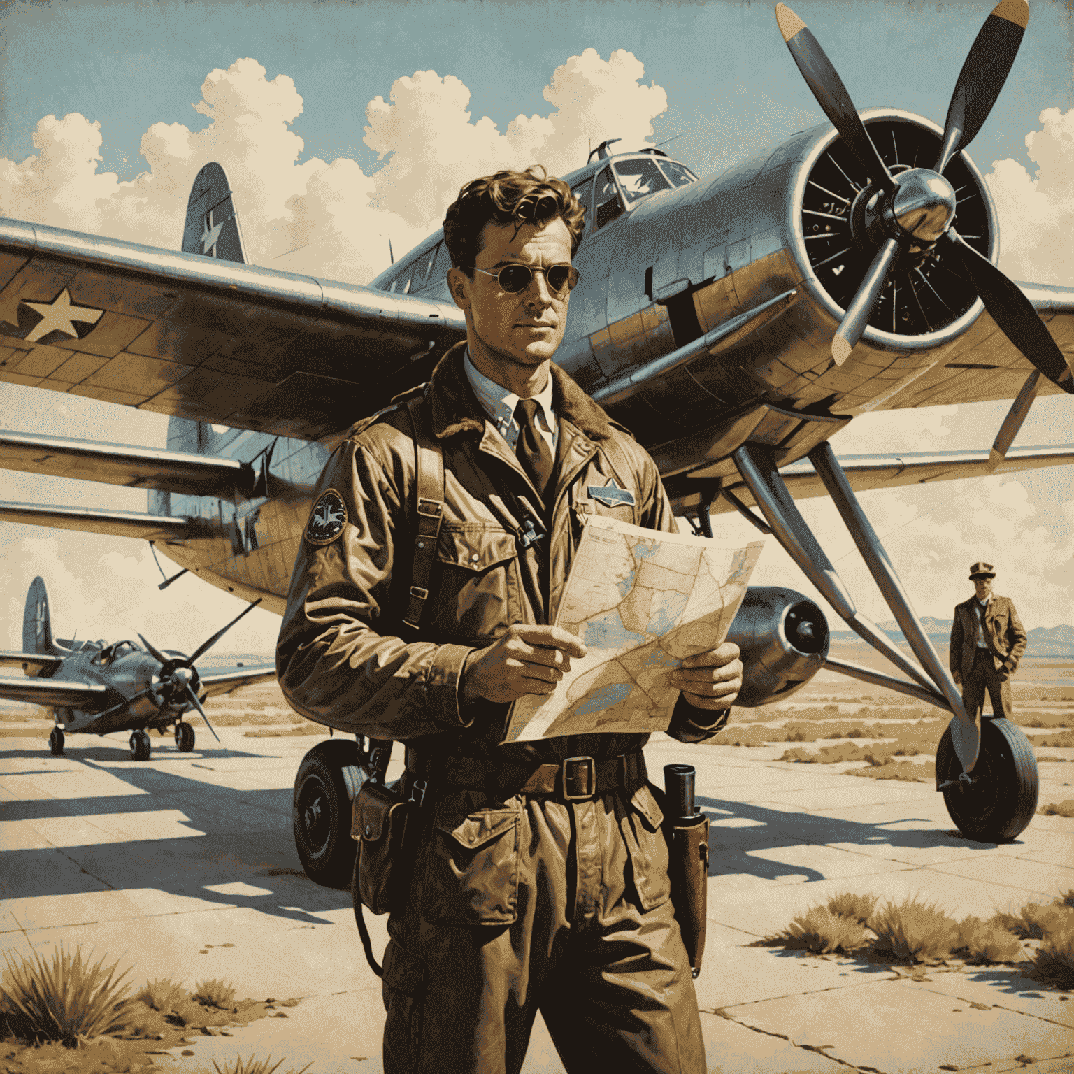 Vintage illustration of an aviator standing next to a propeller plane, pointing at a strategy map