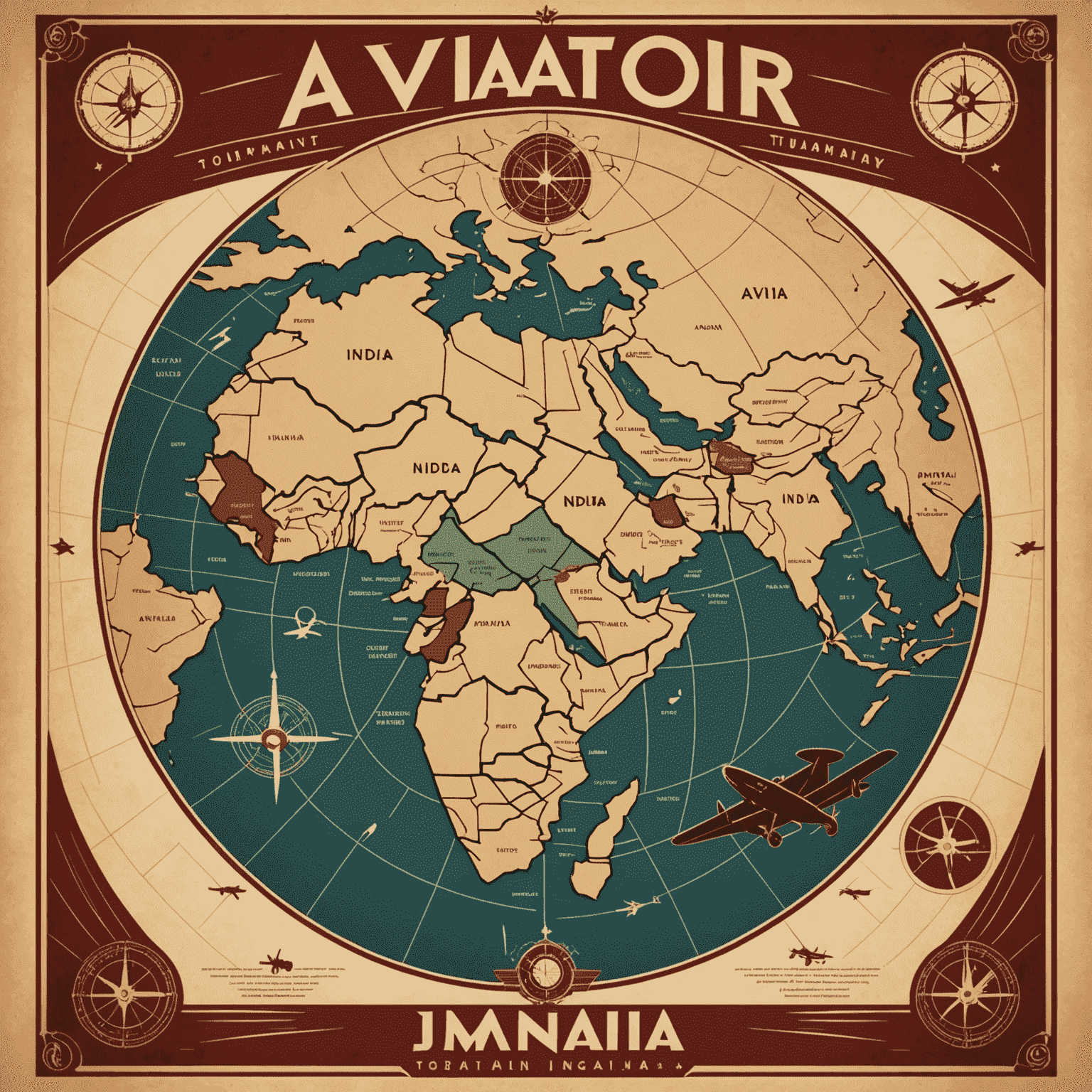 A vintage-style poster showcasing Aviator board game tournaments across India. The poster features Art Deco design elements, silhouettes of classic airplanes, and a map of India with tournament locations marked. The color scheme includes warm beige, rich brown, and deep red, giving it an authentic 1930s aviation feel.