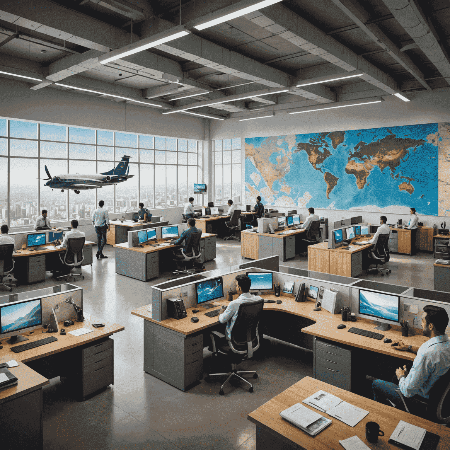 Panoramic view of the Aviator office in India, showing a bustling open-plan workspace with developers at their stations, aviation-themed decor, and a large world map on the wall