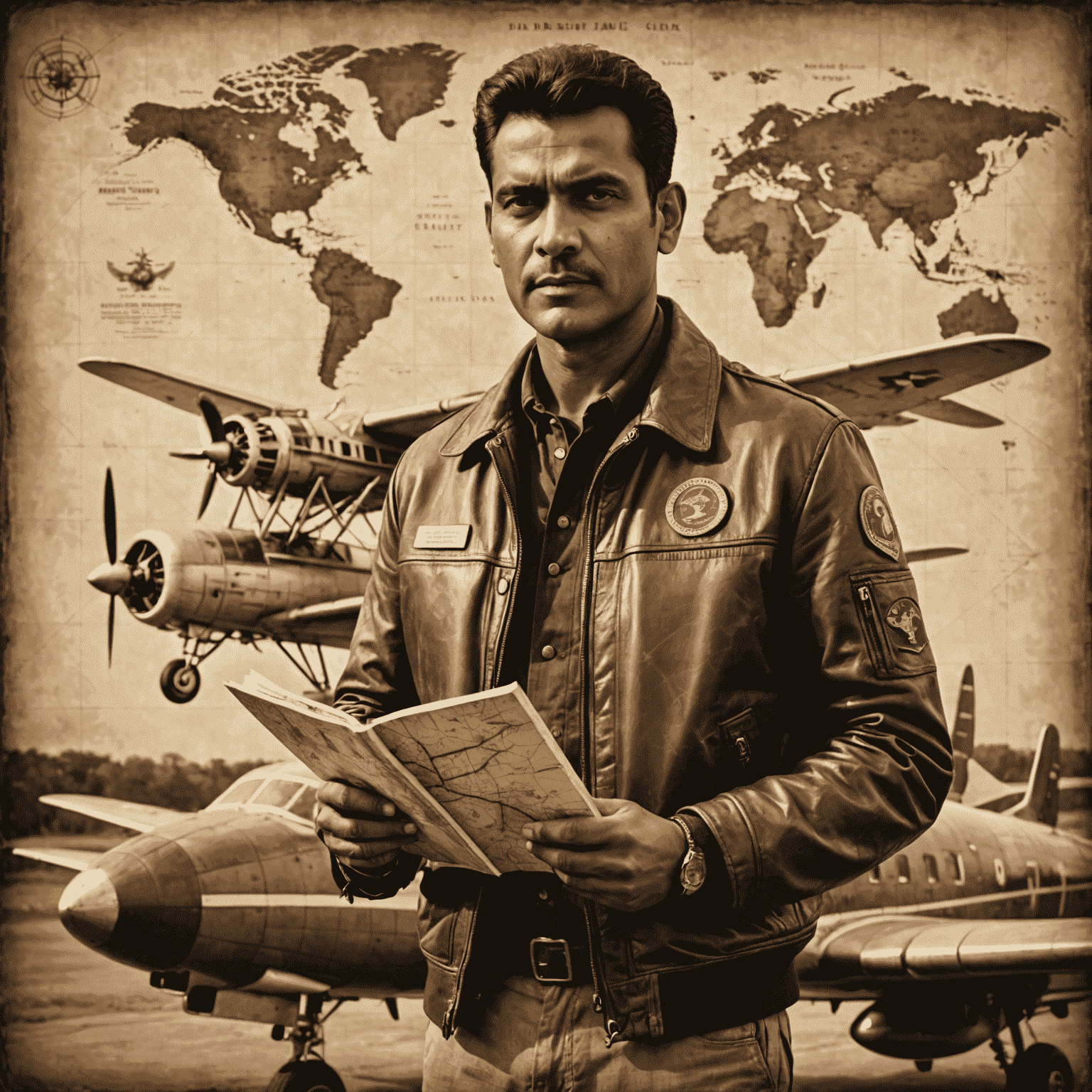 A sepia-toned image of Raj Kumar, a man in his 40s, wearing a vintage pilot's leather jacket and holding an old-fashioned world map. He has a thoughtful expression and is standing next to a model airplane.