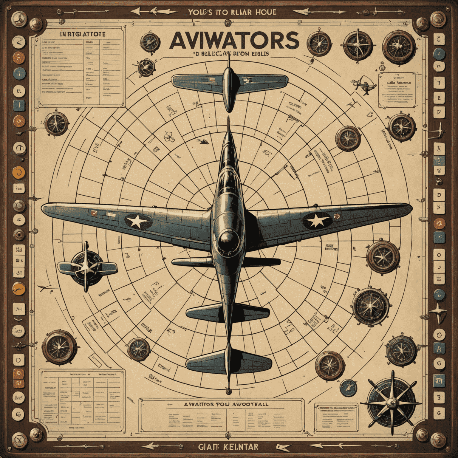 A vintage-style illustration of an Aviator game board with pieces and rules displayed, reminiscent of old aviation manuals