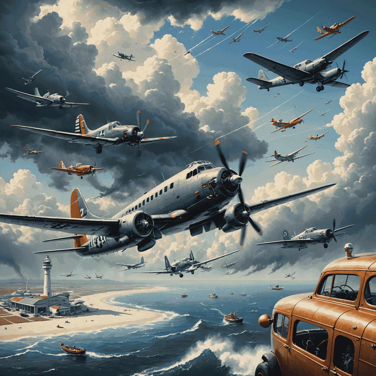 Illustration of various game scenarios: planes navigating through storm clouds, refueling at airports, and flying over ocean trade wind routes, all in a vintage aviation style