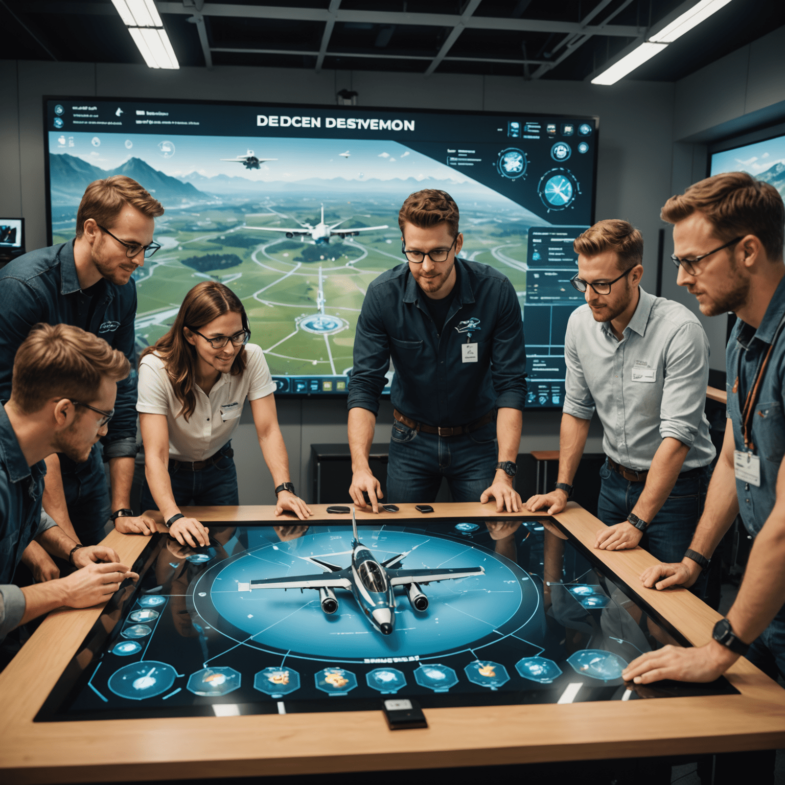 Team members gathered around a large touchscreen displaying game development progress, with aviation-themed decorations visible in the background