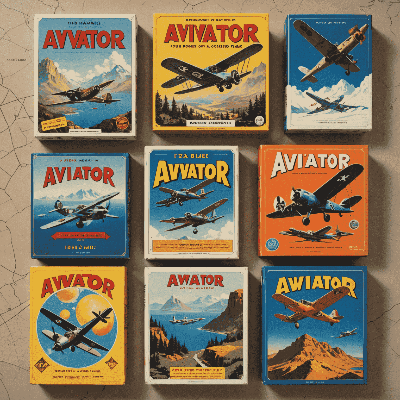 A collage of vintage photographs showing the evolution of Aviator game boxes, from early prototypes to modern editions, set against a world map background