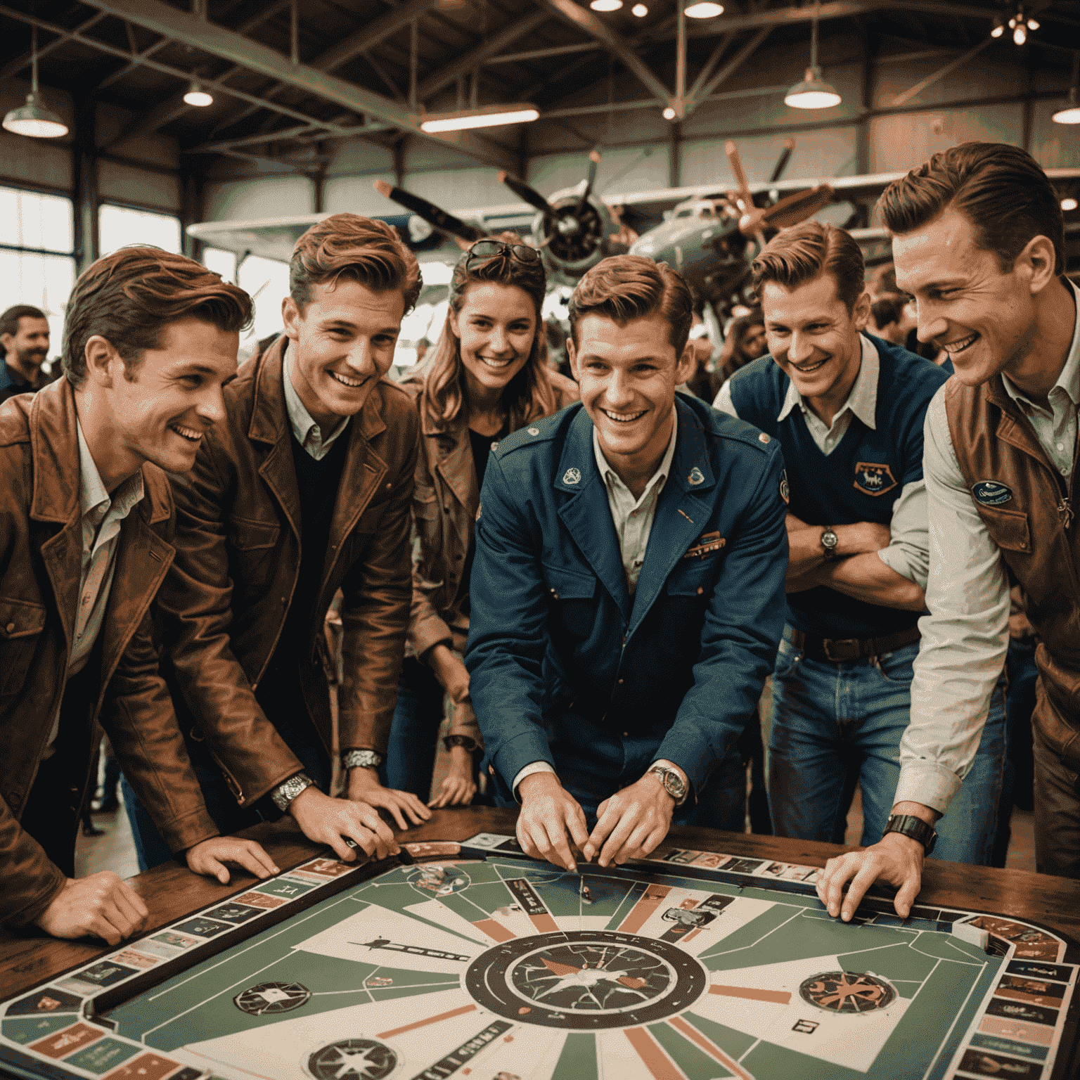 Photograph of excited players gathered around an Aviator game board at its launch event, with vintage aviation decorations in the background