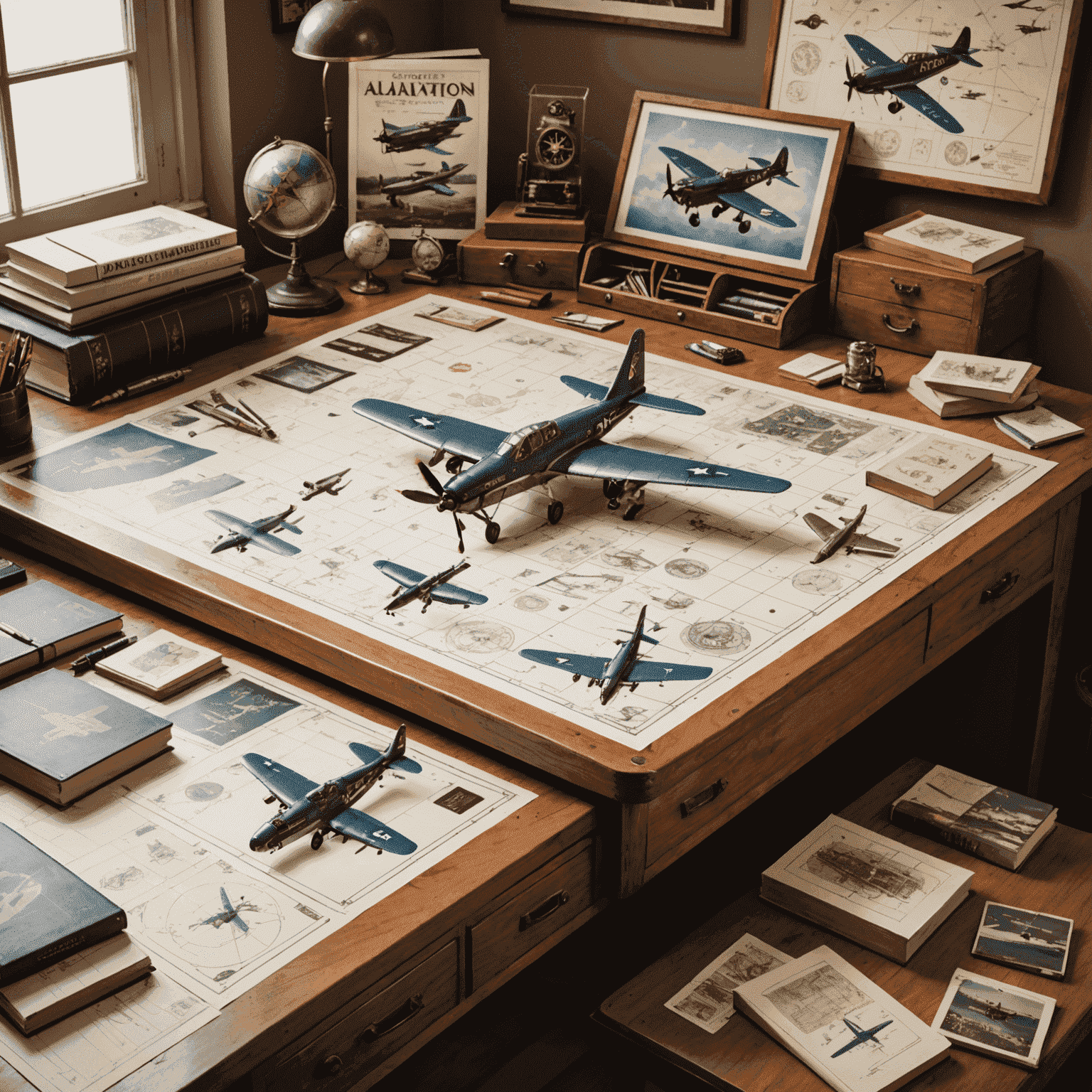 Close-up of an artist's desk with detailed sketches of vintage aircraft and game board designs, surrounded by reference books on aviation history