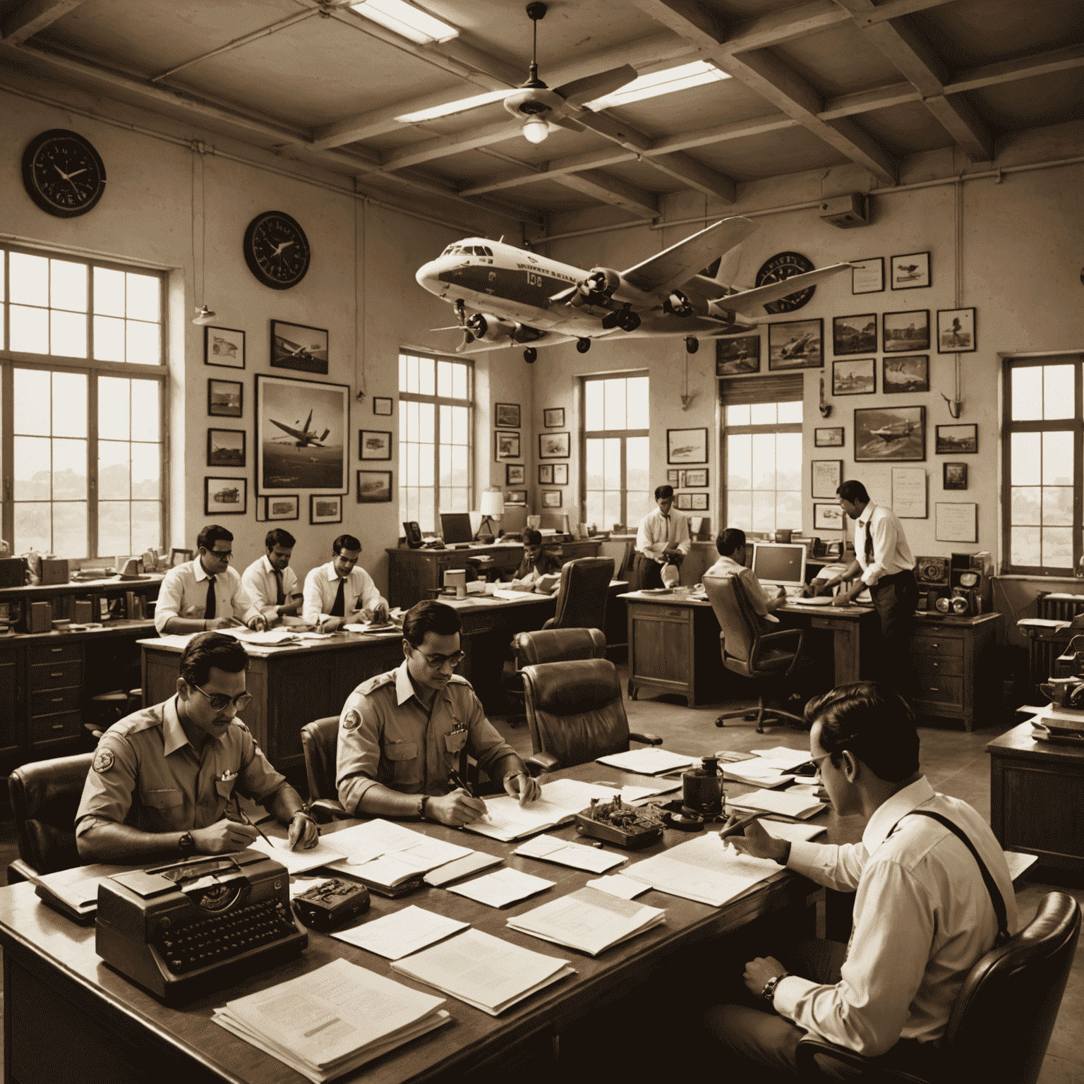 A vintage-style photograph of the Aviator office in India, showing developers and community managers at work amidst aviation-themed decor